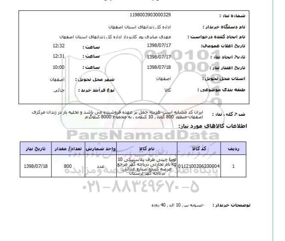 استعلام ایران کد مشابه است-هزینه حمل بر عهده فروشنده می باشد و تخلیه بار در زندان مرکزی اصفهان-منظور 800 گونی 10 کیلویی به مجموع 8000 کیلوگرم