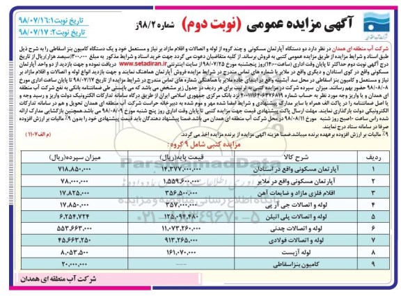 مزایده , مزایده دو دستگاه آپارتمان مسکونی و ...نوبت دوم 