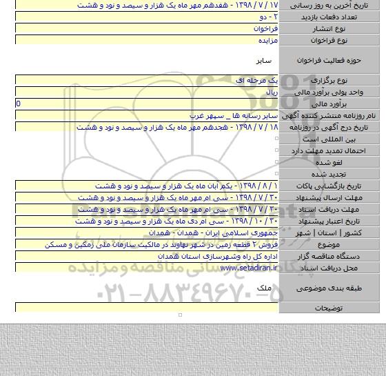 فروش ۲ قطعه زمین در شهر نهاوند در مالکیت سازمان ملی زمکین و مسکن