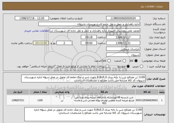 استعلام 1100 تن مصالح شن با دانه بندی 0.3تا0.8 جهت شن و نمک جاده ای تحویل در محل سوله اداره شهرستان شیروان کد کالا مشابه می باشد مصالح با مشخصات استاندارد 