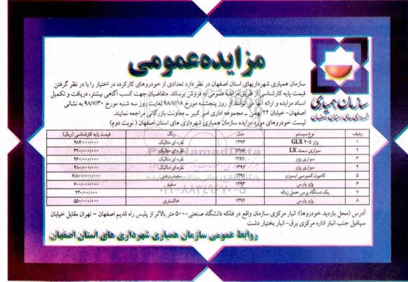 مزایده عمومی , مزایده فروش تعدادی از خودروهای کارکرده