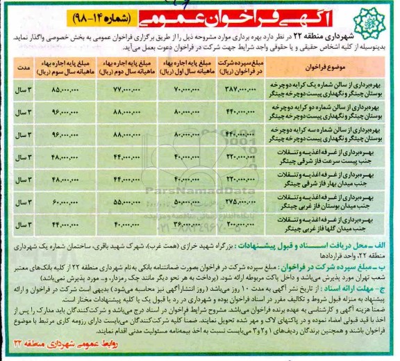 آگهی فراخوان عمومی, فراخوان بهره برداری از سالن شماره یک کرایه دوچرخه بوستان و ...