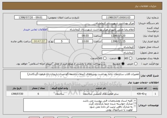 استعلام تعمیرات 6باب ساختمان خانه بهداشت روستاهای (زینلان-چشمه گچ-میدان-یاریجان-باغ طیغون-گردکاندار)