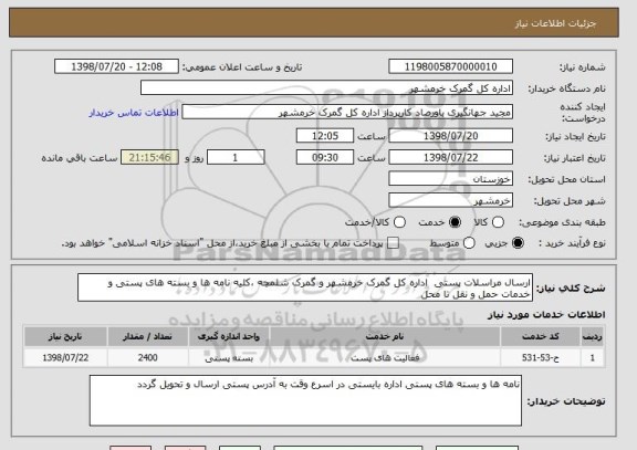 استعلام ارسال مراسلات پستی  اداره کل گمرک خرمشهر و گمرک شلمچه ،کلیه نامه ها و بسته های پستی و خدمات حمل و نقل تا محل