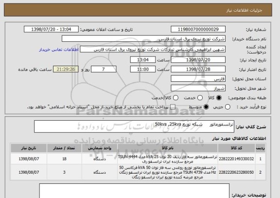 استعلام ترانسفورماتور     شبکه توزیع 50kva ,25kva