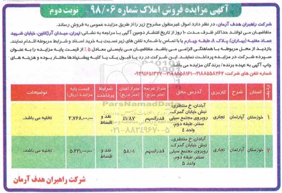 مزایده ،مزایده فروش املاک کاربری تجاری نوبت دوم