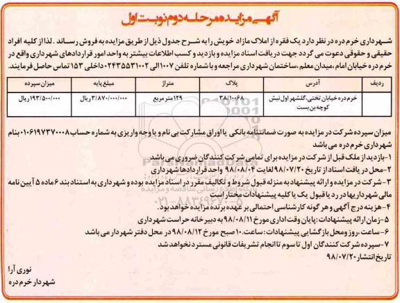 مزایده ،مزایده فروش بک فقره از املاک مازاد 129 مترمربع مرحله دوم نوبت اول