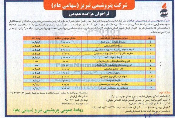 فراخوان مزایده عمومی,فراخوان مزایده اقلام ضایعاتی و مازاد بر نیاز خود