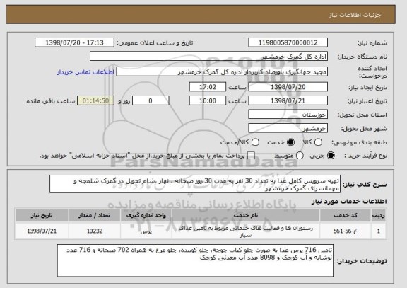 استعلام تهیه سرویس کامل غذا به تعداد 30 نفر به مدت 30 روز صبحانه ، نهار ،شام تحویل در گمرک شلمچه و مهمانسرای گمرک خرمشهر