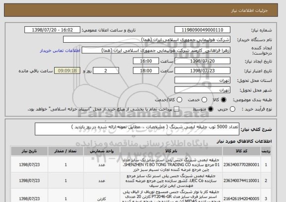 استعلام تعداد 5000 ثوب جلیقه ایمنی شبرنگ ( مشخصات ،  مطابق نمونه ارائه شده در روز بازدید )