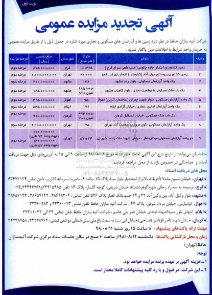تجدید مزایده, تجدید مزایده زمین ا و آپارتمان های مسکونی و تجاری