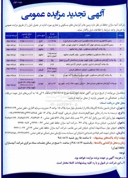 تجدید مزایده, تجدید مزایده زمین ا و آپارتمان های مسکونی و تجاری 