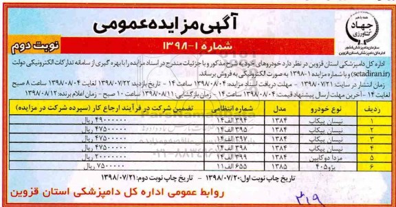مزایده، مزایده فروش خودرو - نوبت دوم