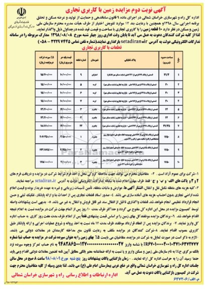 مزایده, مزایده واگذاری 10 قطعه زمین با کاربری تجاری  - نوبت دوم 