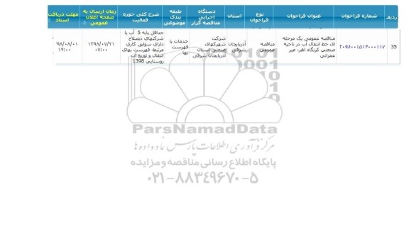 مناقصه خط انتقال آب در ناحیه صنعتی