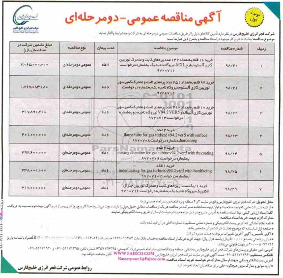 آگهی مناقصه‌ عمومی دو مرحله‌ ای, مناقصه  خرید 16 قلم به‌تعداد 142 عدد پره‌های ثابت
