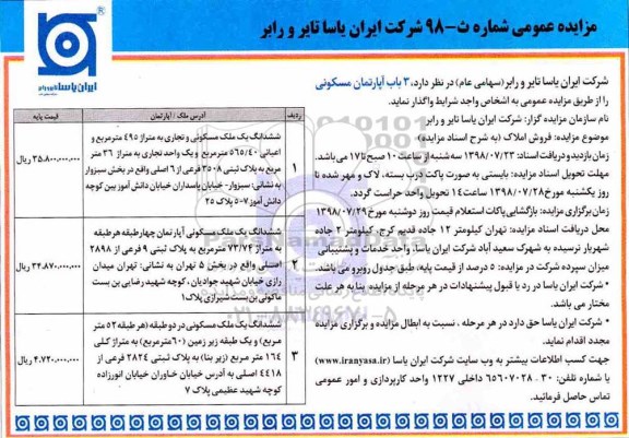 مزایده ، مزایده واگذاری 3 باب آپارتمان مسکونی