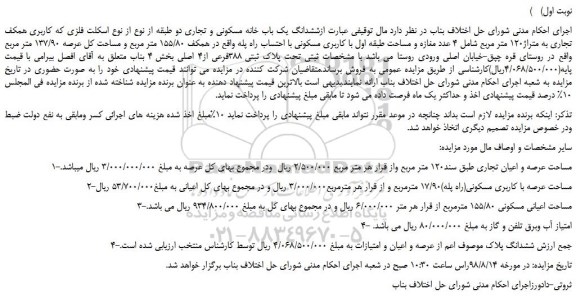 مزایده، مزایده فروش ششدانگ یک باب خانه مسکونی و تجاری