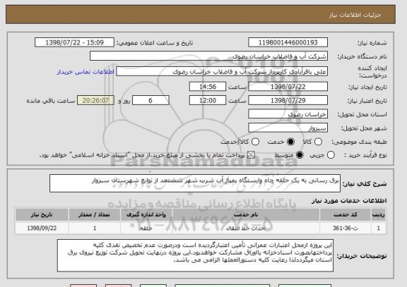 استعلام برق رسانی به یک حلقه چاه وایستگاه پمپاژ آب شرب شهر ششتمد از توابع شهرستان سبزوار