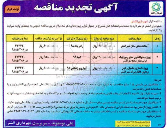 تجدید مناقصه , مناقصه آسفالت معابر سطح شهر