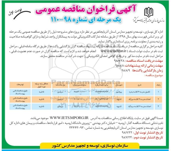 آگهی فراخوان مناقصه عمومی , فراخوان مناقصه ​تکمیل مدرسه 6 کلاسه ...