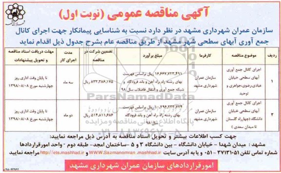 مناقصه، مناقصه اجرای کانال جمع آوری آبهای سطحی ...
