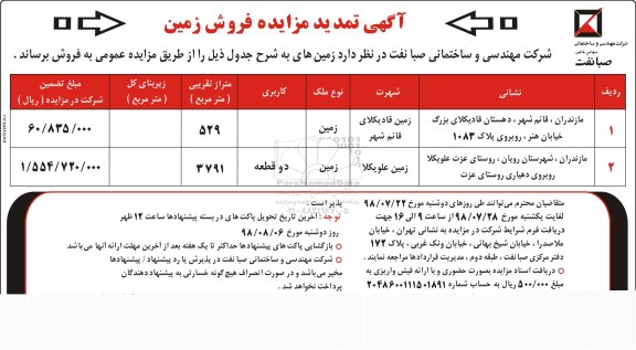 تمدید مزایده , مزایده زمین با متراژ تقریبی 529 و 3791 مترمربع 