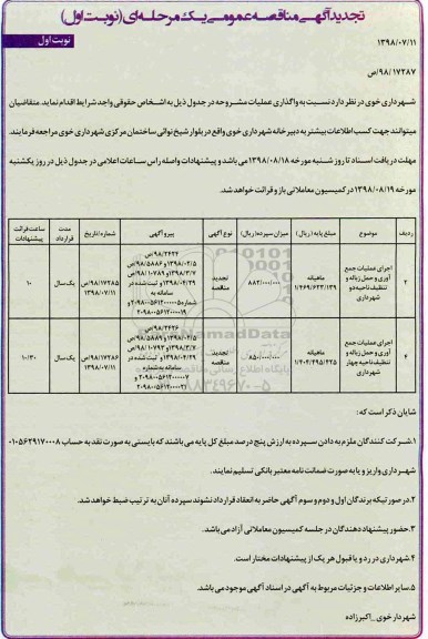 تجدید مناقصه , تجدید مناقصه اجرای عملیات جمع آوری و حمل زباله و تنظیف ناحیه دو و...
