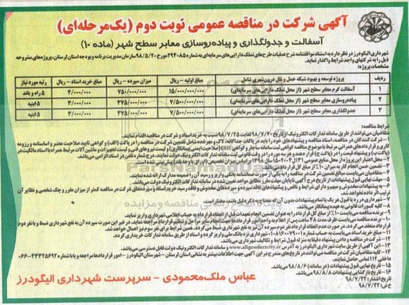 مناقصه عمومی، مناقصه آسفالت گرم معابر سطح شهر... نوبت دوم 