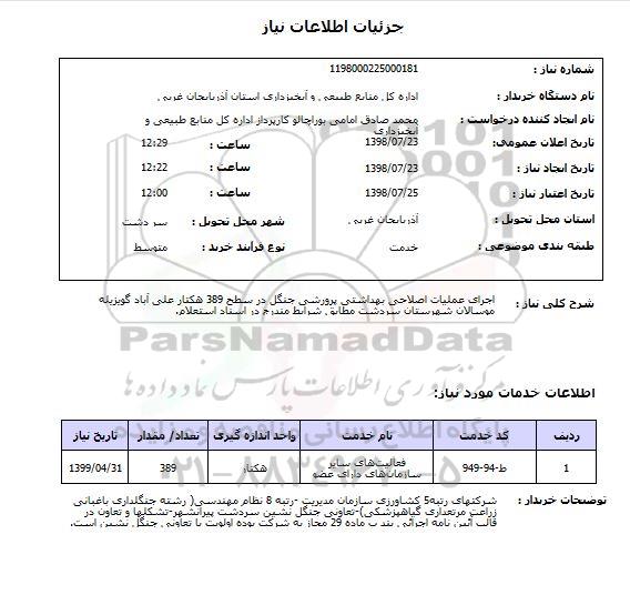 استعلام اجرای عملیات اصلاحی بهداشتی پرورشی جنگل در سطح 389 هکتار علی آباد گویزیله موسالان شهرستان سردشت مطابق شرایط مندرج در اسناد استعلام.