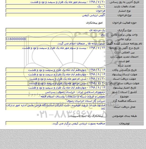 تعویض و اصلاح شبکه و انشعابات روستای اسلام قلعه