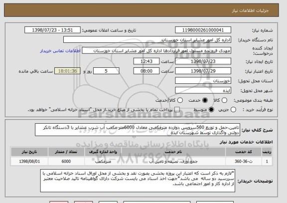 استعلام تامین،حمل و توزیع 500سرویس دوازده مترمکعبی معادل 6000متر مکعب آب شرب عشایر با 3دستگاه تانکر دولتی واگذاری توسط شهرستان ایذه
