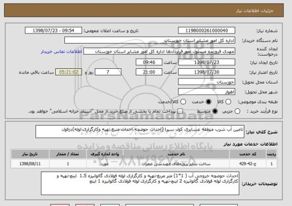 استعلام تامین آب شرب منطقه عشایری کول سیرا (احداث حوضچه،احداث منبع،تهیه وکارگزاری لوله)دزفول

