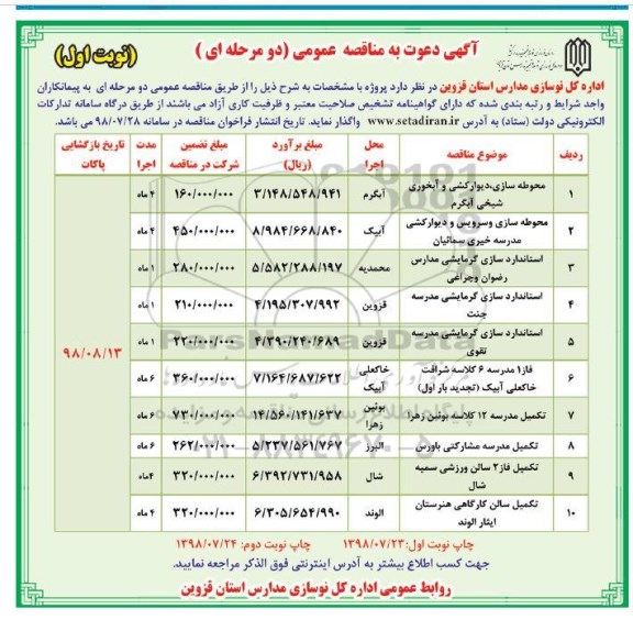 مناقصه عمومی, مناقصه محوطه سازی، دیوارکشی و آبخوری و ...
