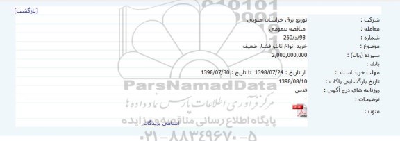 مناقصه عمومی, مناقصه خرید انواع تابلو فشار ضعیف 