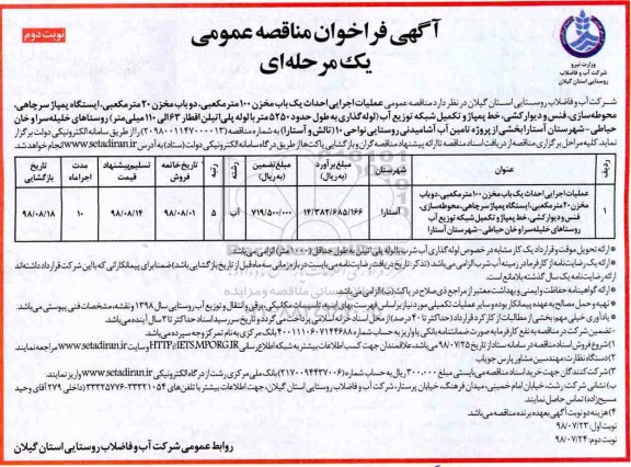 آگهی فراخوان مناقصه عمومی , مناقصه عملیات اجرایی احداث یکباب مخزن 100 مترمکعبی....نوبت دوم 