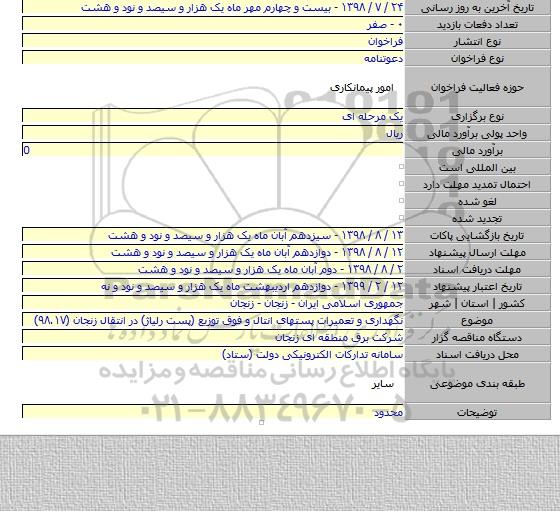 نگهداری و تعمیرات پستهای انتال و فوق توزیع (پست رلیاژ) در انتقال زنجان (۹۸.۱۷)