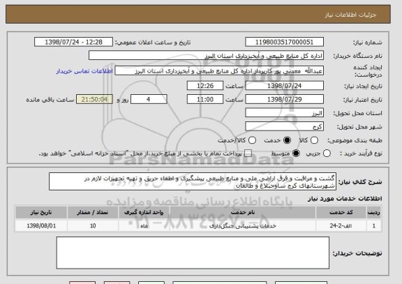 استعلام گشت و مراقبت و قرق اراضی ملی و منابع طبیعی پیشگیری و اطفاء حریق و تهیه تجهیزات لازم در شهرستانهای کرج ساوجبلاغ و طالقان