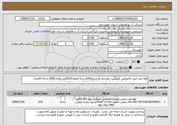 استعلام لوله پلی اتیلن فاضلابی کاروگیت دوجداره به سایز200م م به متراژ 5010متر معادل835 شاخه 6متری