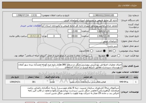 استعلام اجرای عملیات اصلاحی بهداشتی پرورشی جنگل در سطح 381 هکتار بایزه مره کودله ممندآباد برده سور آغلان شهرستان سردشت مطابق شرایط مندرج در اسناد استعلام.