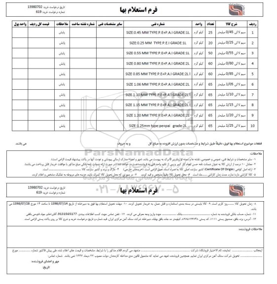 استعلام،  استعلام ​سیم لاکی 1/10 میلیمتر