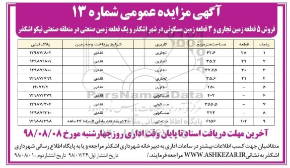 آگهی مزایده ،مزایده فروش 5 قطعه زمین تجاری و 3 قطعه زمین شماره 13 نوبت اول