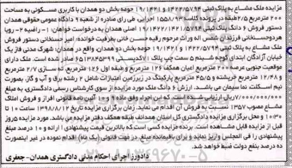 آگهی مزایده مزایده ملک مشاع کاربری مسکونی 200 مترمربع