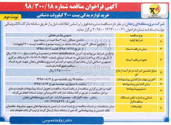 آگهی فراخوان مناقصه , فراخوان خرید لوازم یدکی پست 400 کیلوولت- نوبت دوم 