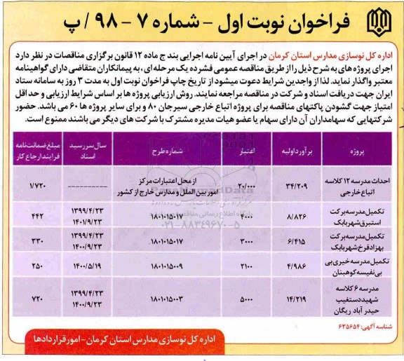 فراخوان  , فراخوان احداث مدرسه 12 کلاسه اتباع خارجی و ...