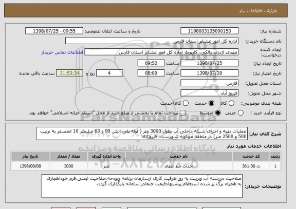 استعلام عملیات تهیه و اجرای شبکه داخلی آب بطول 3000 متر ( لوله پلی اتیلن 90 و 63 میلیمتر 10 اتمسفر به ترتیب  500 و 2500 متر) در منطقه مهکویه شهرستان فیروزآباد