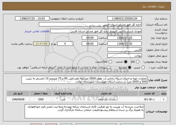 استعلام عملیات تهیه و اجرای شبکه داخلی آب بطول 2500 متر(لوله پلی اتیلن 90 و 75 میلیمتر 10 اتمسفر به ترتیب 500 و 2000 متر) در سایت اسکان مهکستان شهرستان بوانات