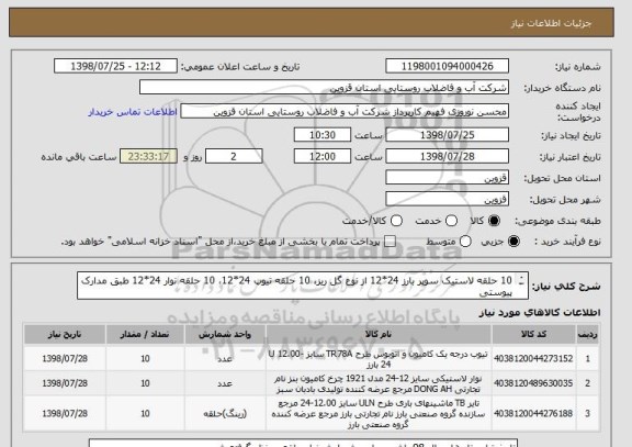 استعلام 10 حلقه لاستیک سوپر بارز 24*12 از نوع گل ریز، 10 حلقه تیوپ 24*12، 10 حلقه نوار 24*12 طبق مدارک پیوستی
ضمنا از کدهای مشابه استفاده شده است.