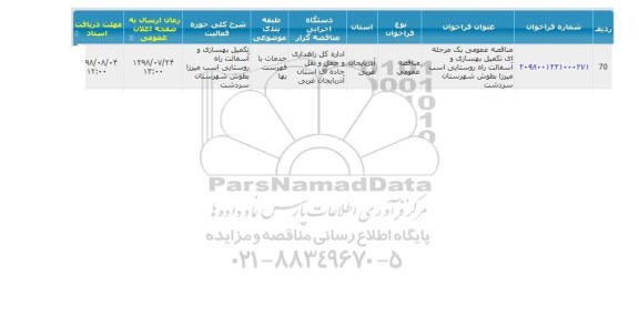 مناقصه، مناقصه تکمیل و بهسازی و آسفالت راه روستایی....