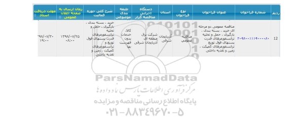 مناقصه , مناقصه حمل و تخلیه ترانسفورمرهای قدرت پستهای فوق توزیع 